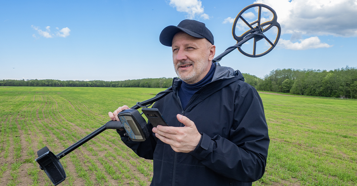 Older man in a black jacket using a metal detector in a large green field.