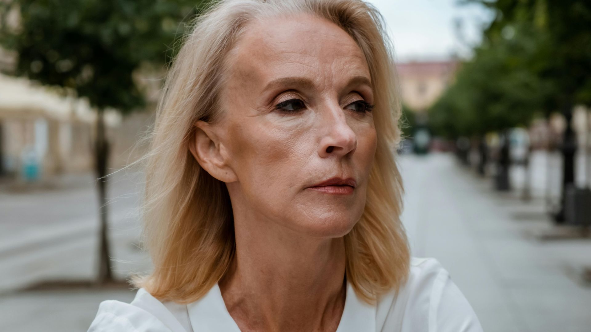Senior woman wearing a white shirt poses thoughtfully on a quiet city street.