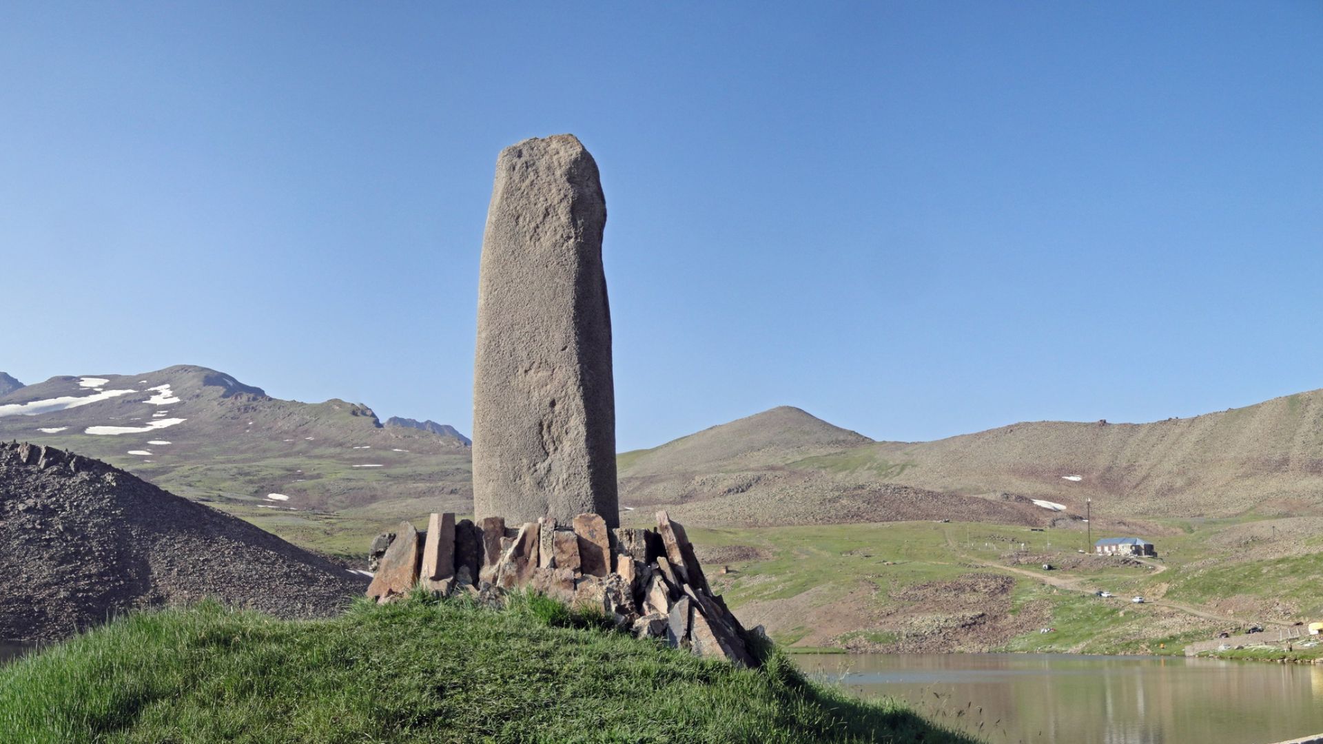 Vishap (Dragon-stone) near lake Qari, Aragats