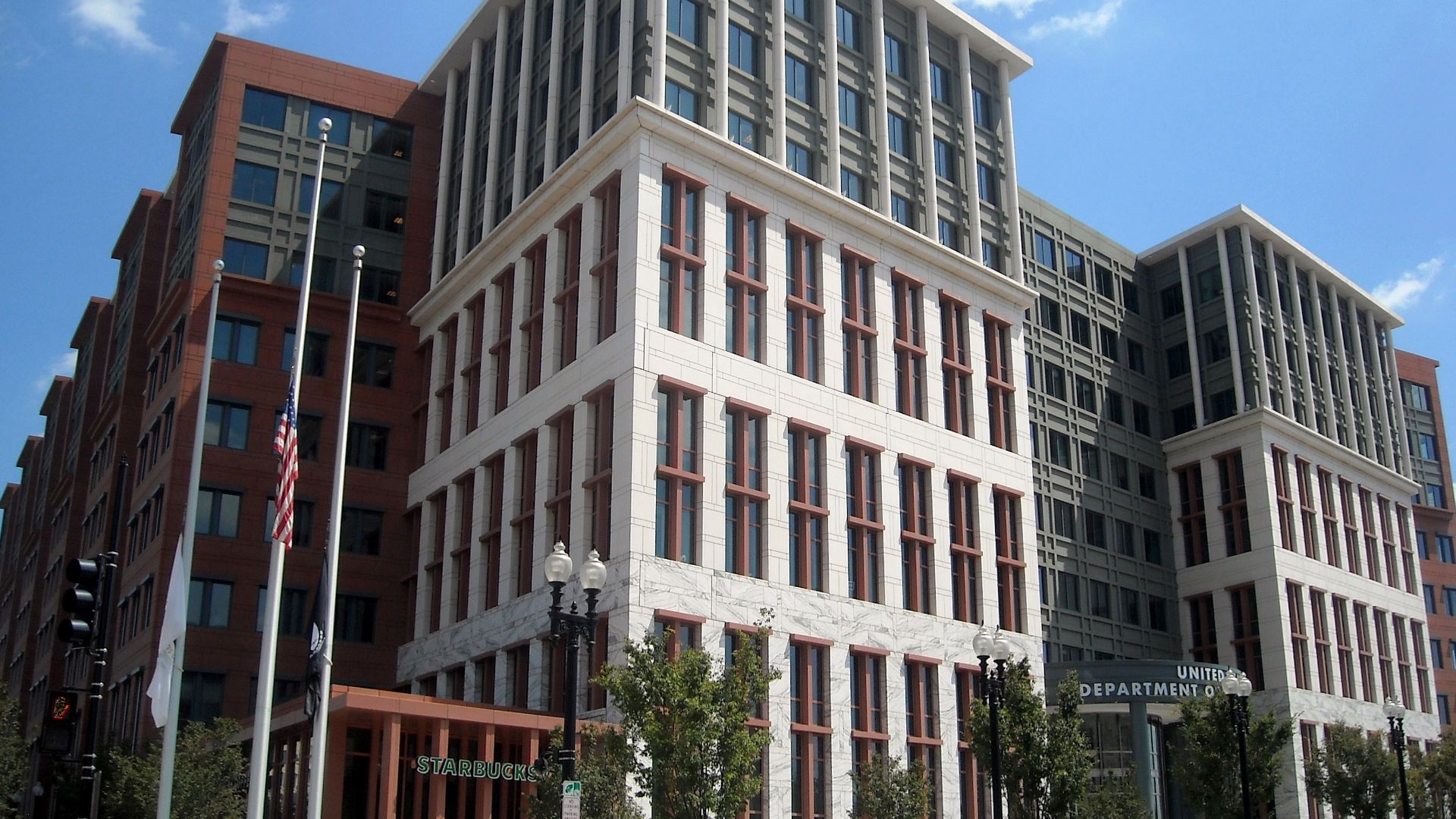The entrance to the United States Department of Transportation headquarters (as viewed from the intersection of M Street and New Jersey Avenue, S.E.), located at 1200 New Jersey Avenue, S.E., in the Navy Yard neighborhood of Washington, D.C.
