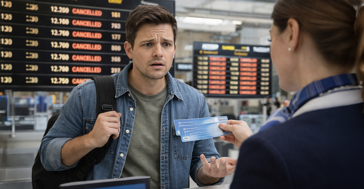 Confused man standing in an airport.