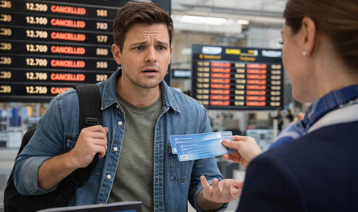 Confused man standing in an airport.