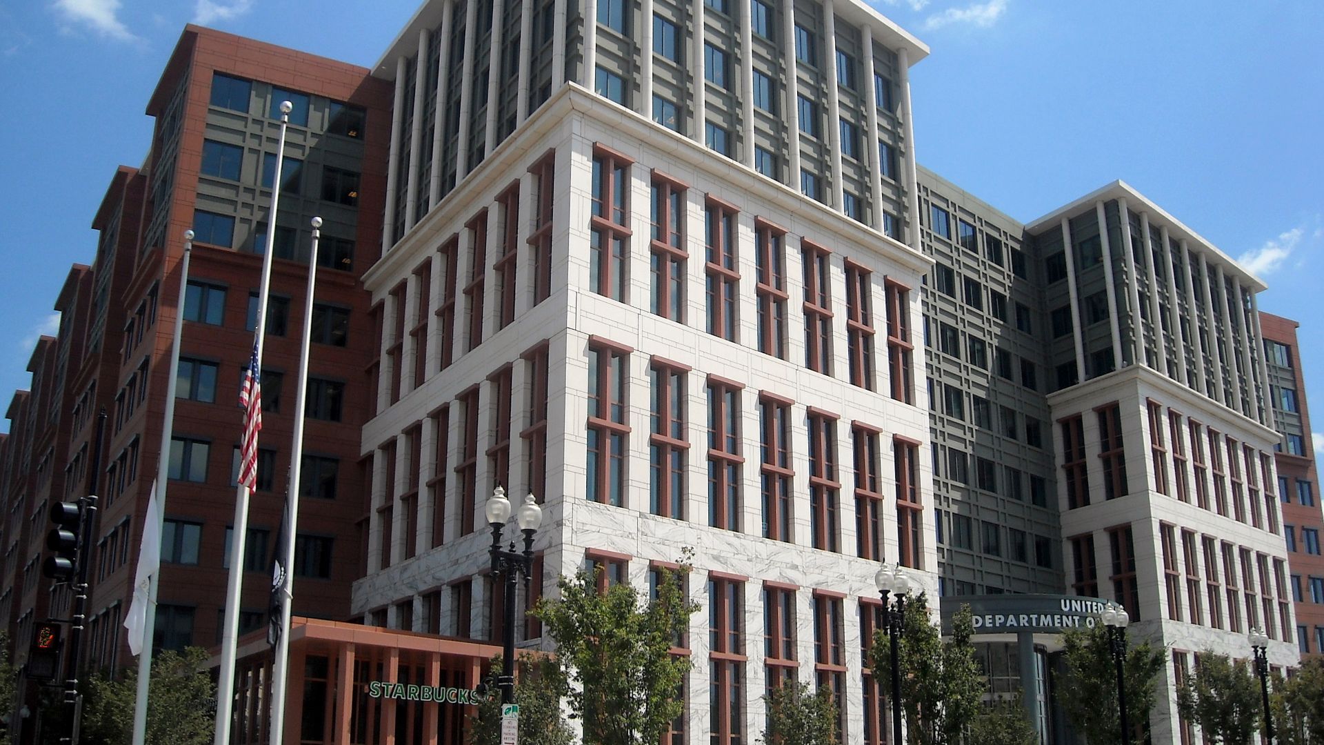 The entrance to the United States Department of Transportation headquarters (as viewed from the intersection of M Street and New Jersey Avenue, S.E.), located at 1200 New Jersey Avenue, S.E., in the Navy Yard neighborhood of Washington, D.C.