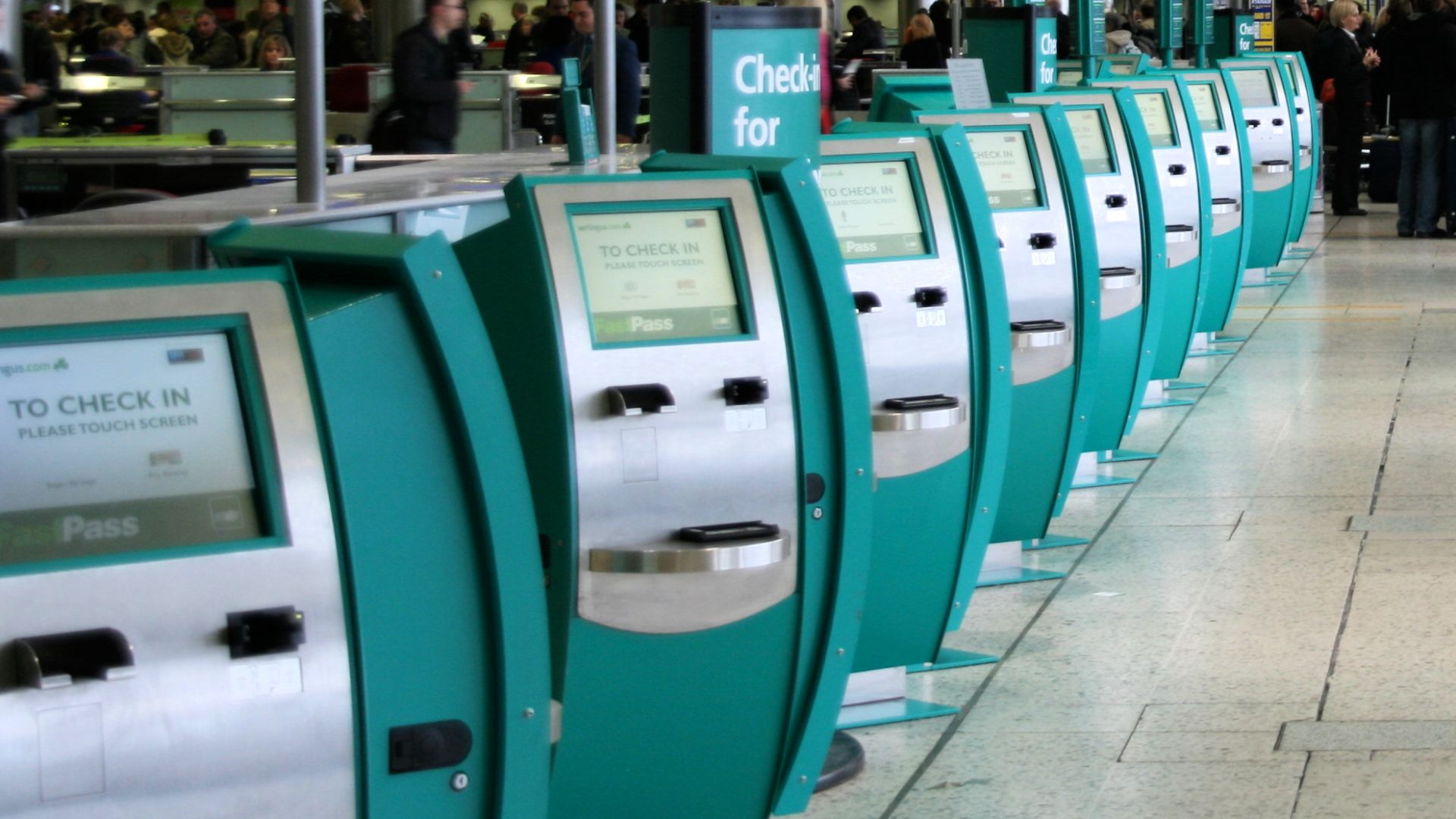 Dublin International Airport, Ireland. Aer Lingus self check-in machines.