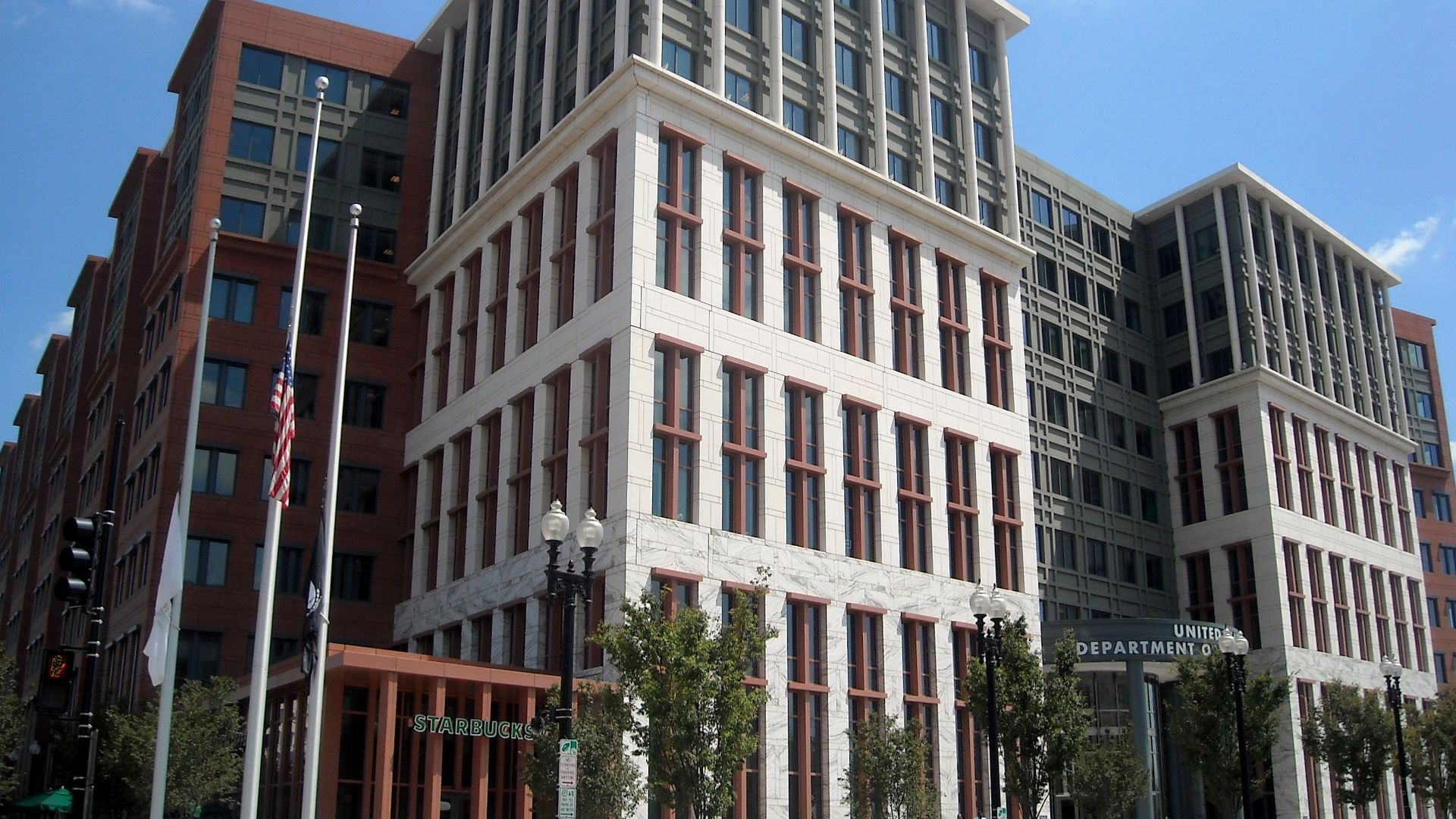 The entrance to the United States Department of Transportation headquarters (as viewed from the intersection of M Street and New Jersey Avenue, S.E.), located at 1200 New Jersey Avenue, S.E., in the Navy Yard neighborhood of Washington, D.C.