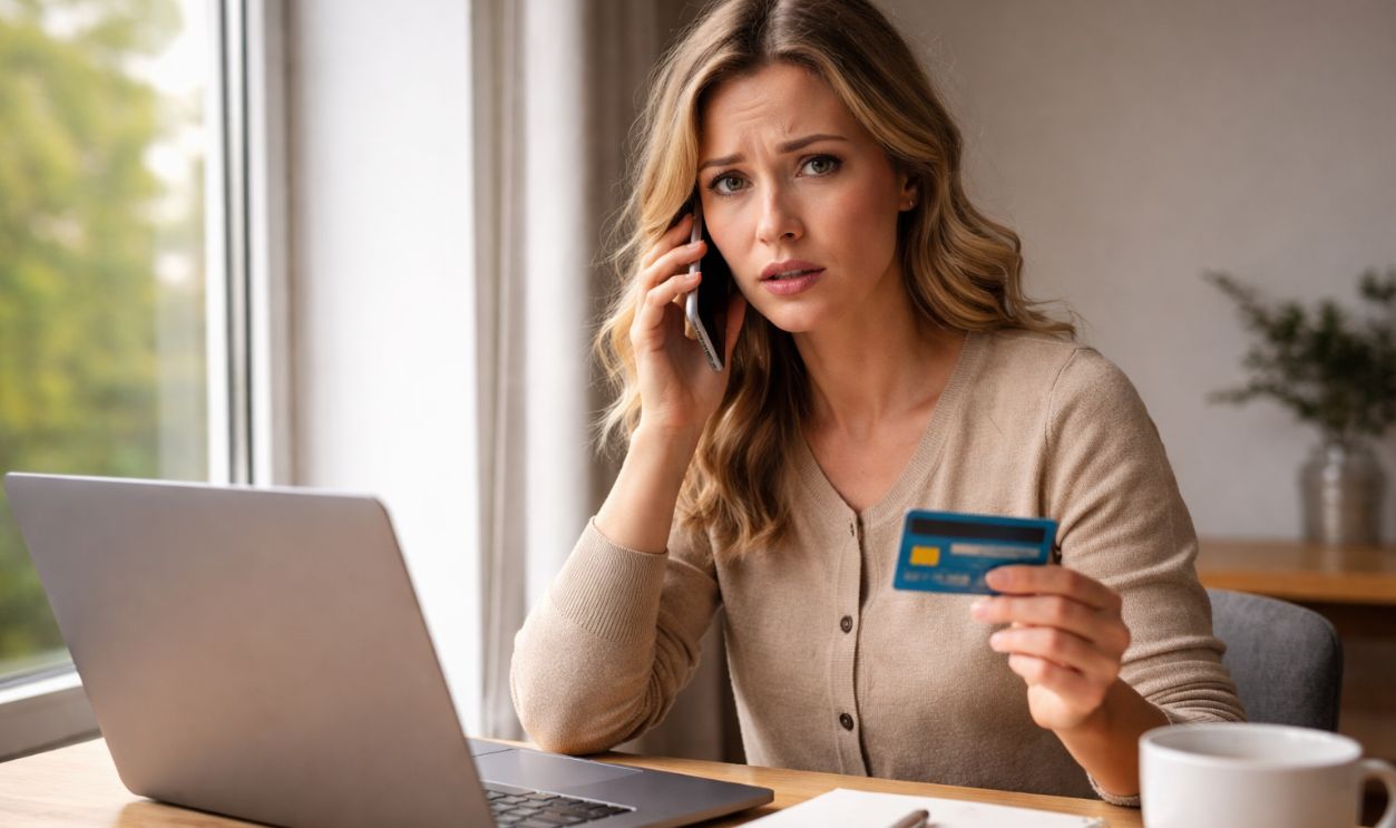 Concerned woman with credit card