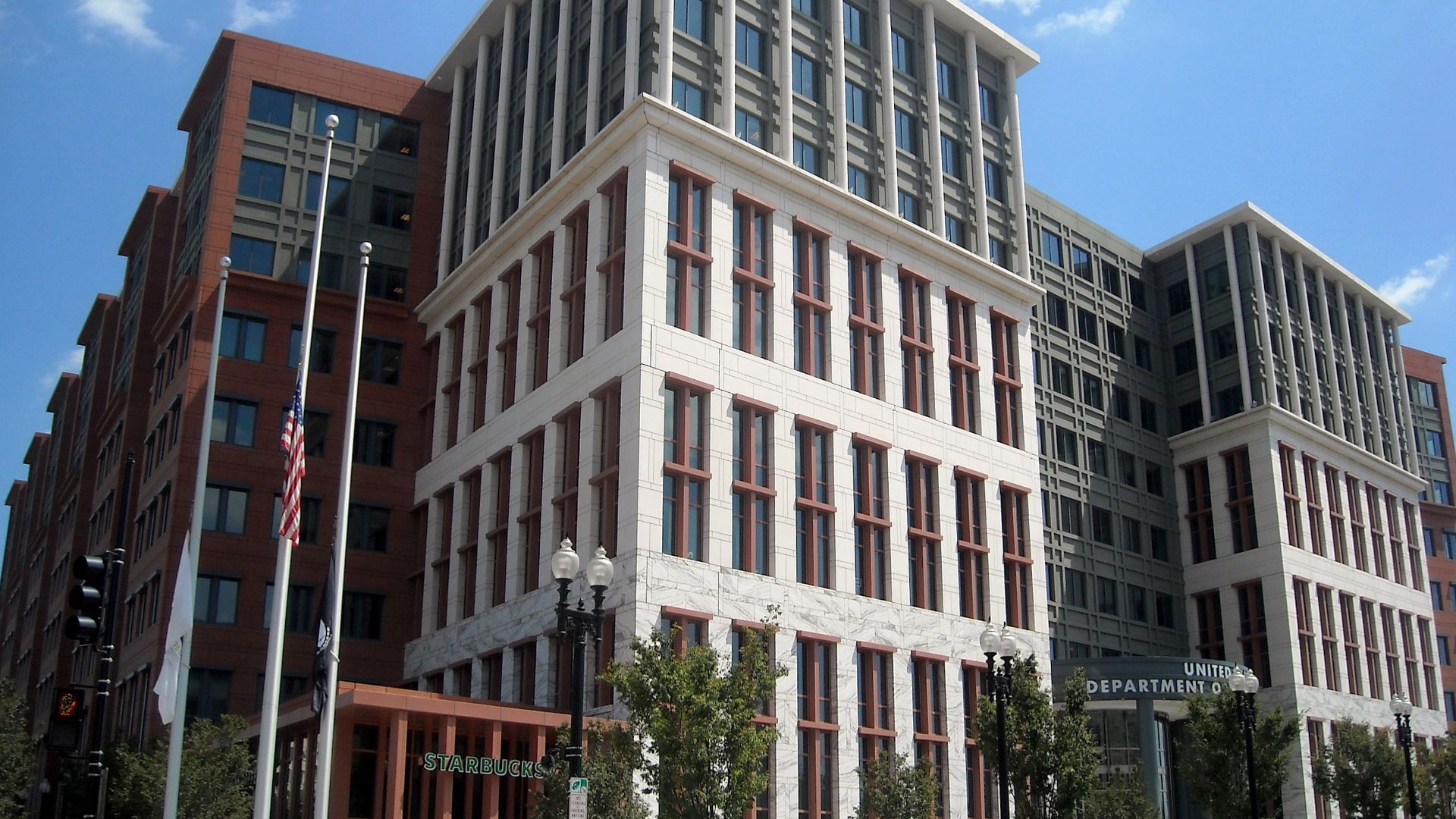 The entrance to the United States Department of Transportation headquarters (as viewed from the intersection of M Street and New Jersey Avenue, S.E.), located at 1200 New Jersey Avenue, S.E., in the Navy Yard neighborhood of Washington, D.C.