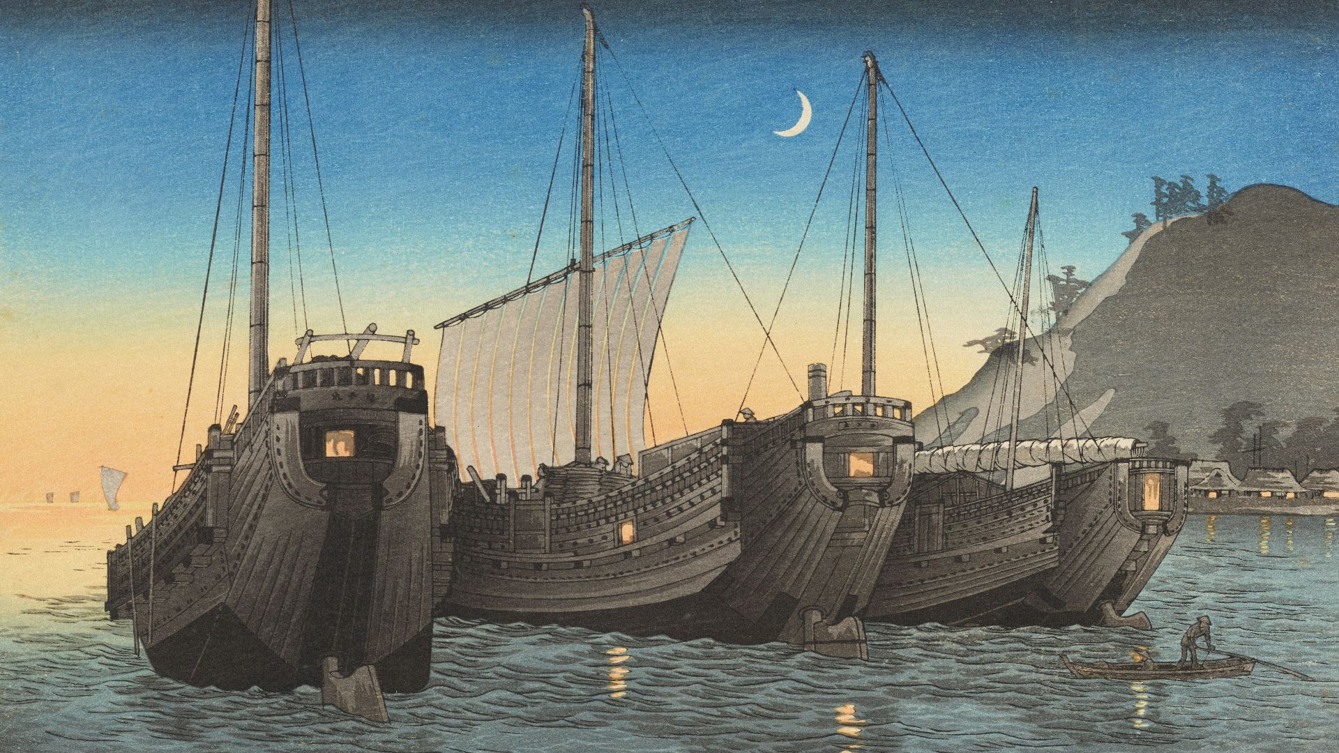 Several traditional japanese boats docked by a shore at dusk.