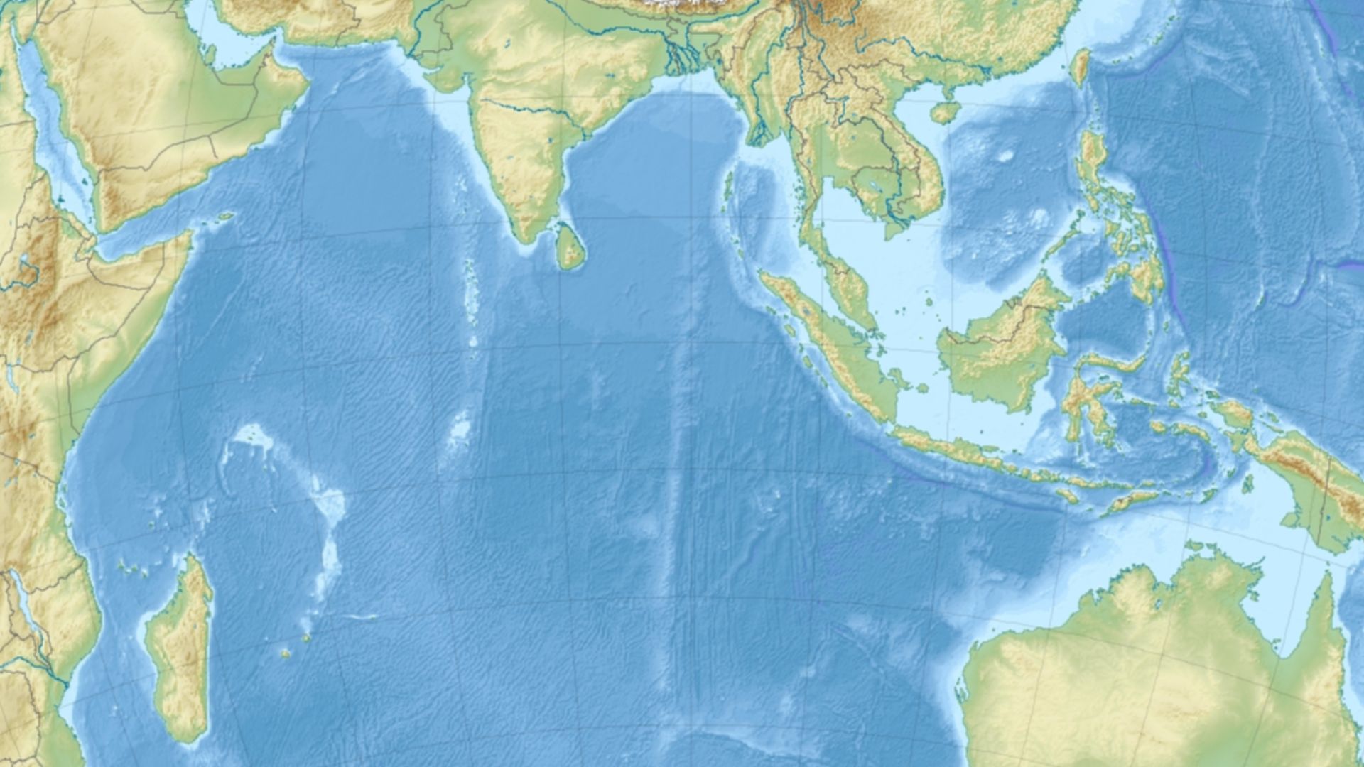 Relief location map of Indian Ocean.
Projection: Lambert azimuthal equal-area projection.
Area of interest:
N: 30.0° N
S: -70.0° N
W: 30.0° E
E: 150.0° E
Projection center:
NS: -20.0° N
WE: 90.0° E
GMT projection: -JA90.0/-20.0/180/19.998266666666666c
GMT region: -R-12.856058461183775/-43.848273739920856/151.50519408595028/33.22162400070504r
GMT region for grdcut: -R-13.0/-78.0/193.0/34.0r
Relief: SRTM30plus.
Made with Natural Earth. Free vector and raster map data @ naturalearthdata.com.