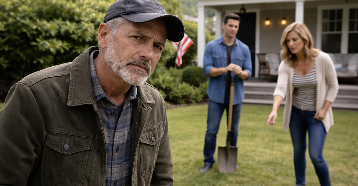 A concerned man with two people behind him holding a shovel and pointing to the ground.