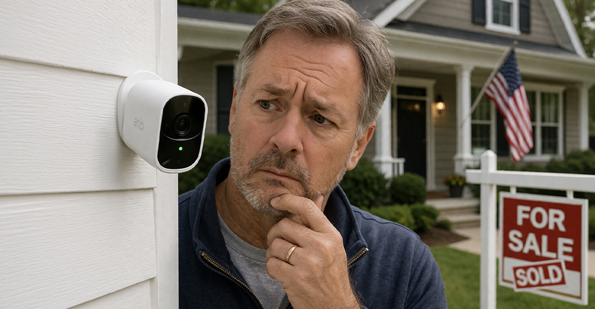 Concerned man looking closely at a security camera attached to his home.