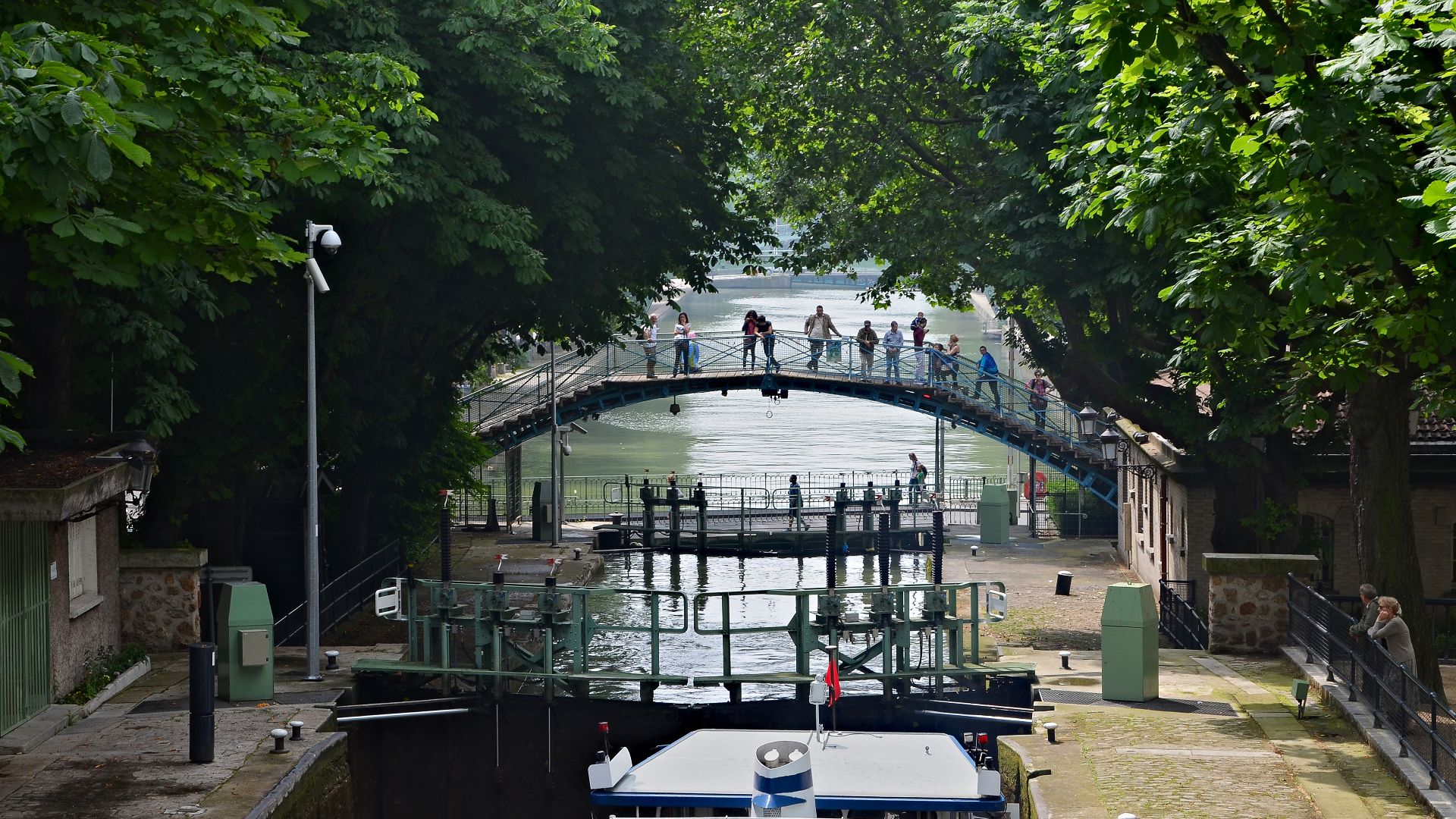 Canal Saint-Martin : the locks of Récollets as seen from the passerelle Bichat, Paris, 10th arrondissement, France.