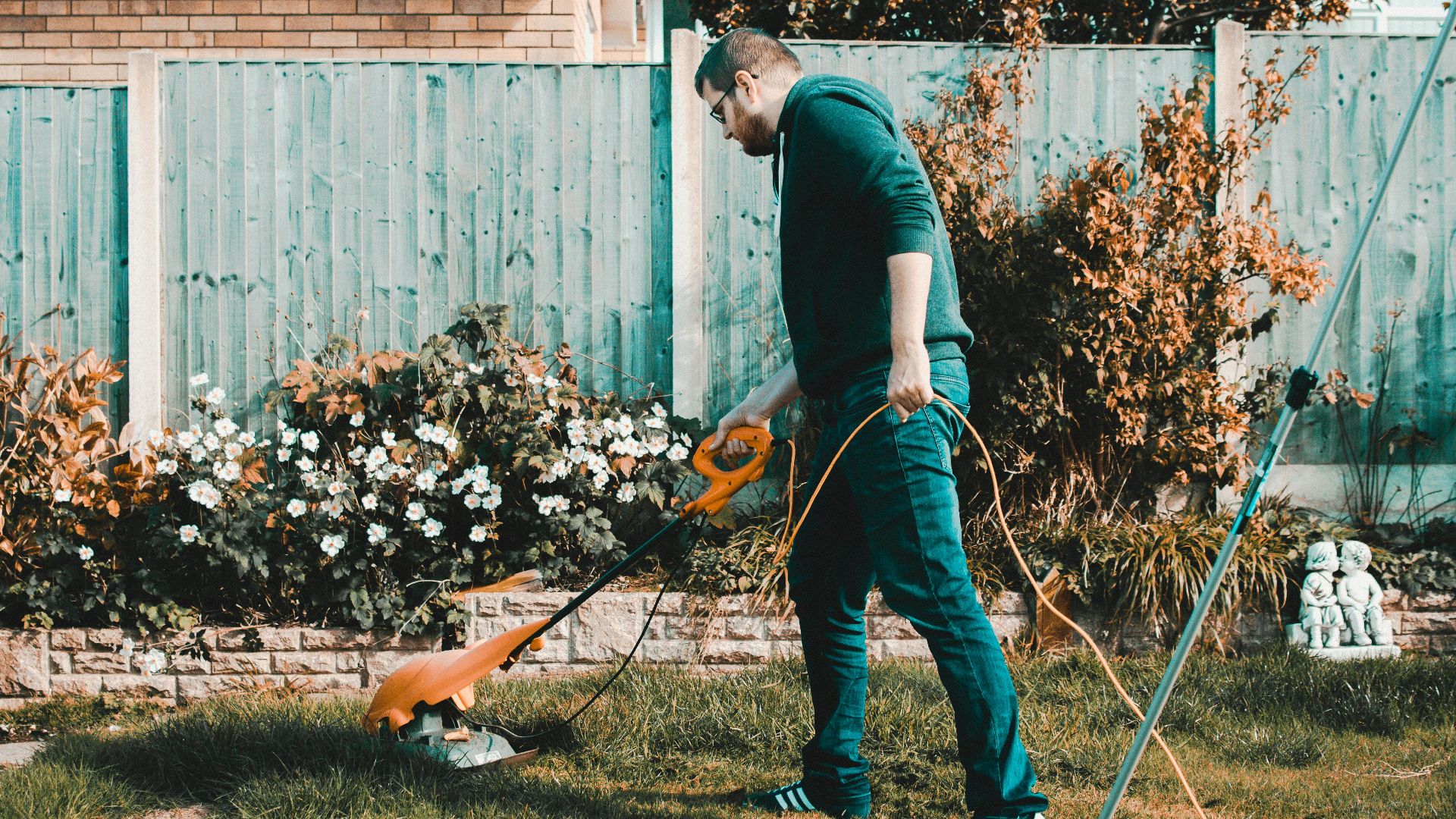 A man using an electric mower in a garden on a sunny day, capturing outdoor chores and gardening vibes.