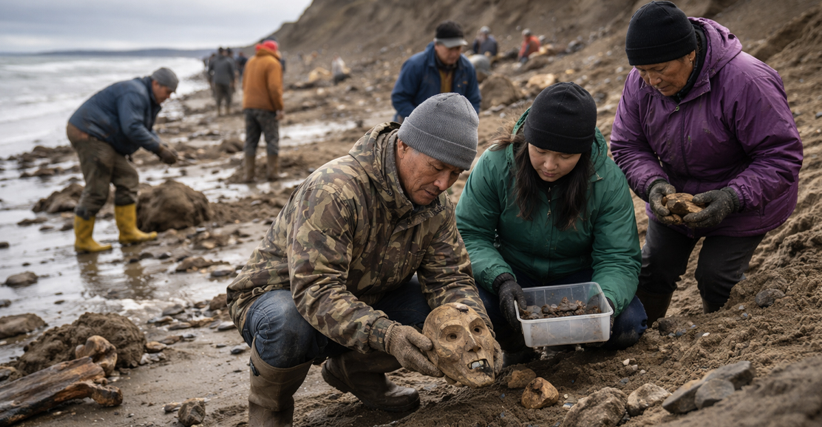 Locals finding artifacts on Alaskan beach.