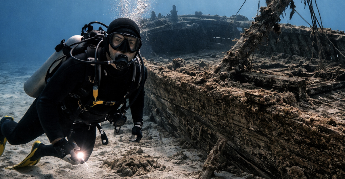 Diver beside a shipwreck