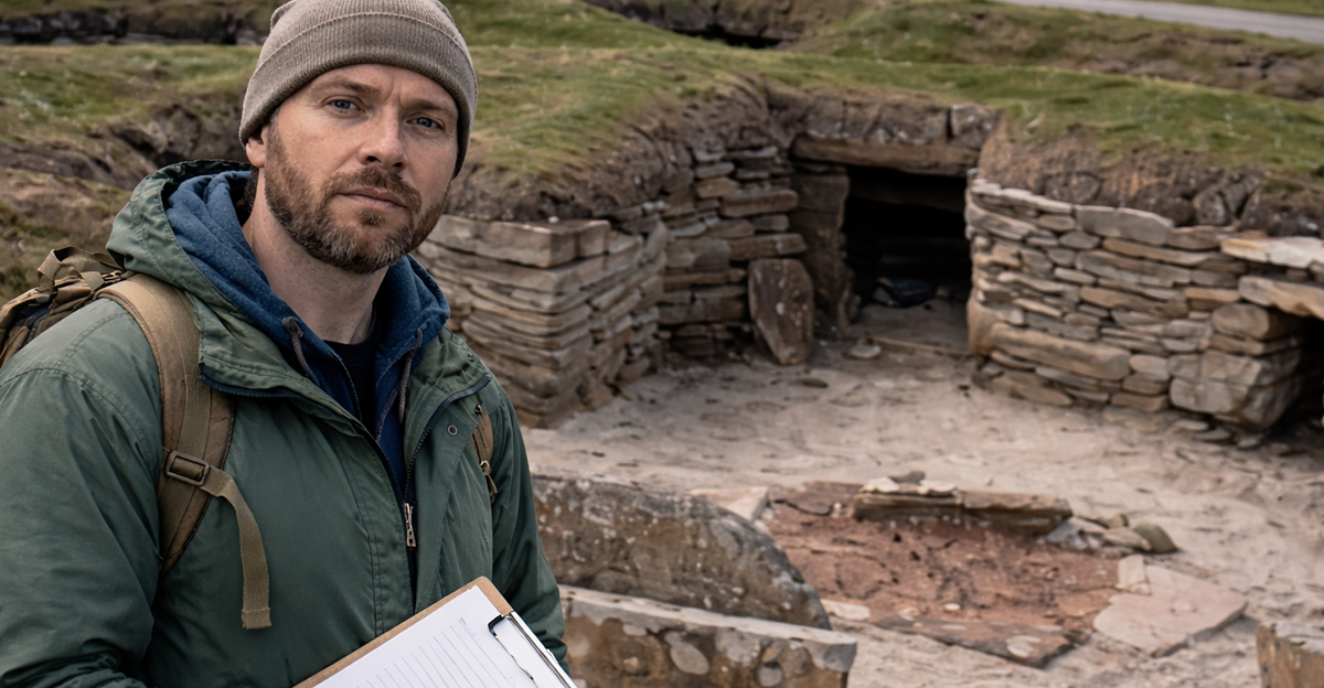 Man in green jacket standing in front of Skara Brae.