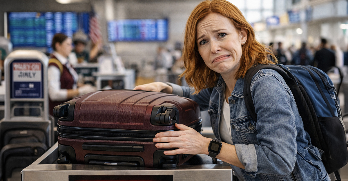 Red headed woman in an airport with luggage.