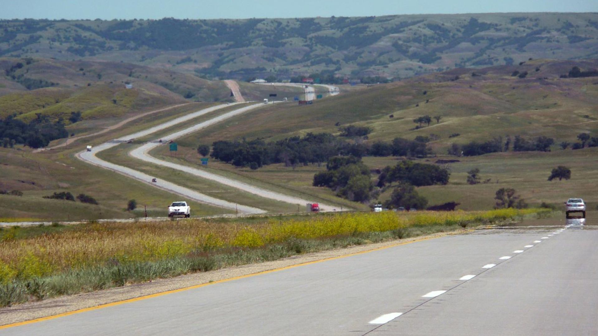 Twisted interstate highway in South Dakota. This photo was taken from inside a moving car.