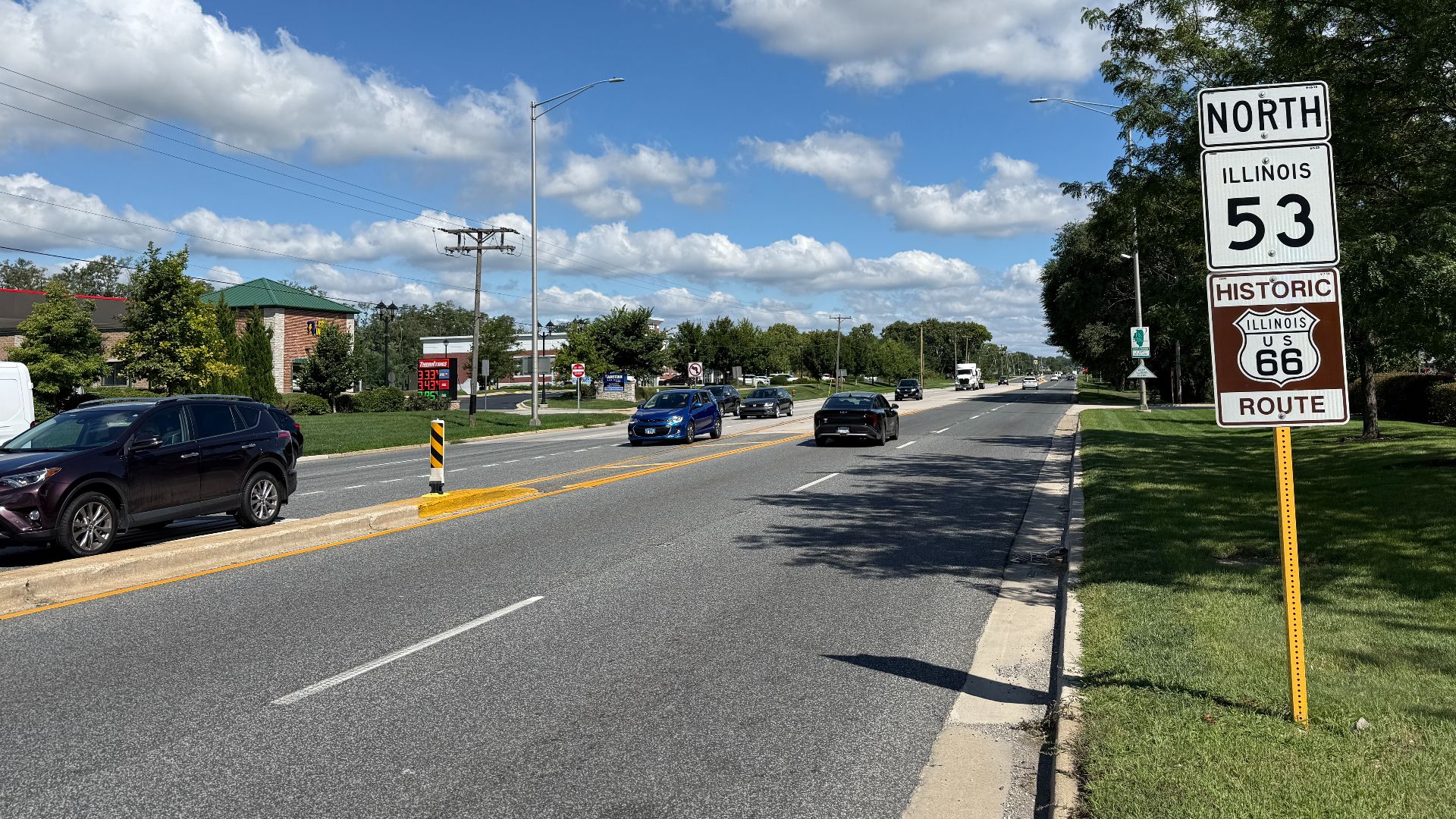 Northbound Illinois Route 53 (Independence Boulevard) past the intersection with Romeo Road in Romeoville, Illinois