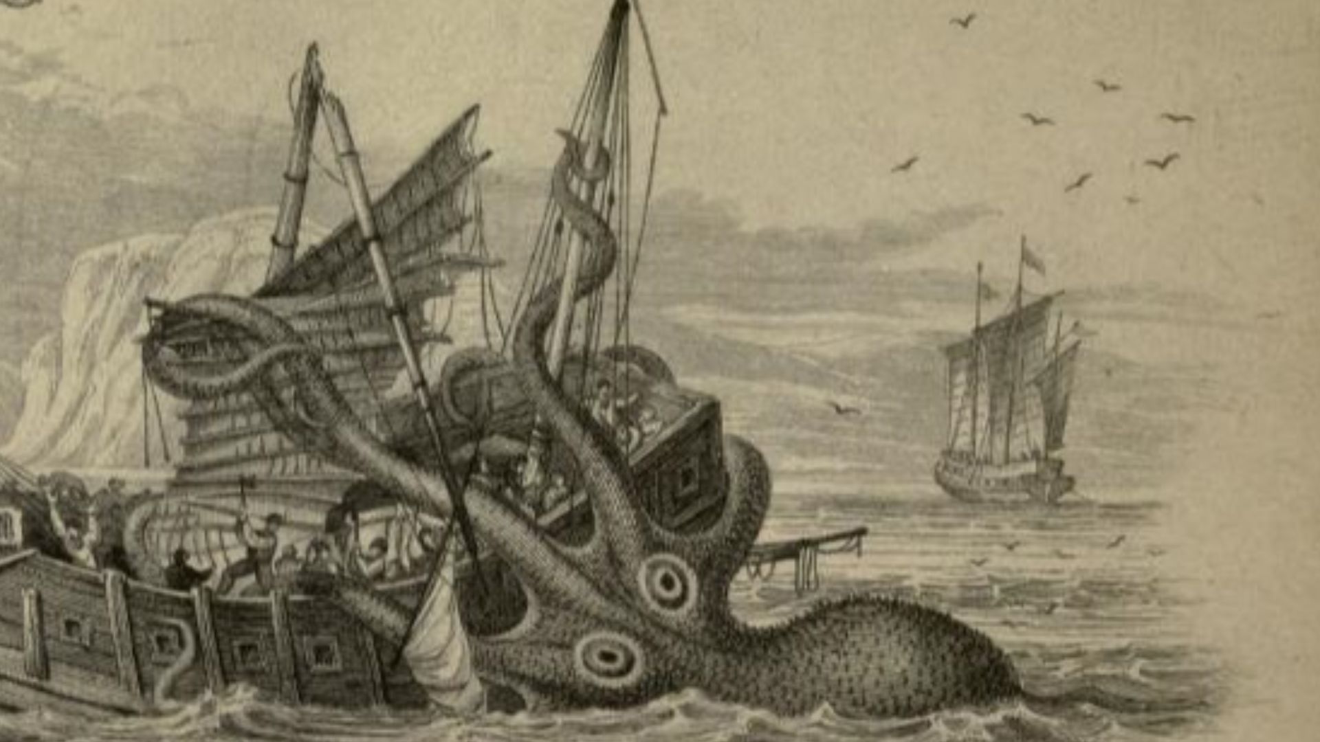 Scene of a ship being ensnared and damaged by a