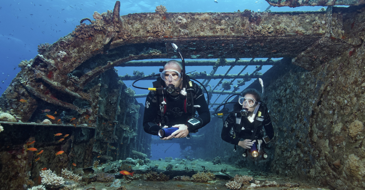 Diver and diver explore wreck, shipwreck