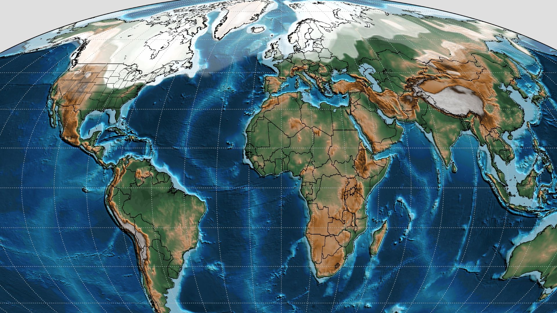 A mollweide map of Earth during the Last Glacial Maximum, overlayed by a black outline of present-day countries in their respective locations.