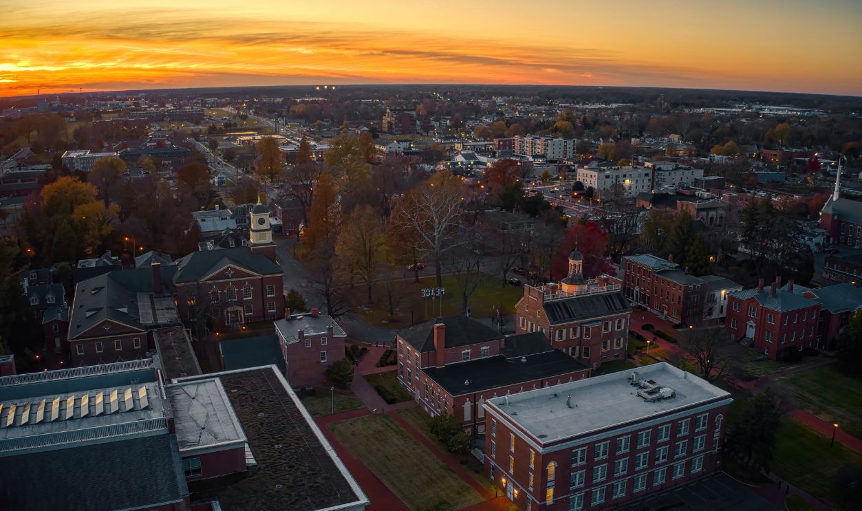 Aerial View of Dover, Delaware during Autumn at Dusk
