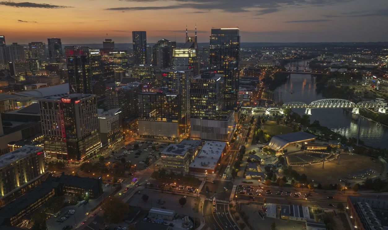 An aerial view of a city at night