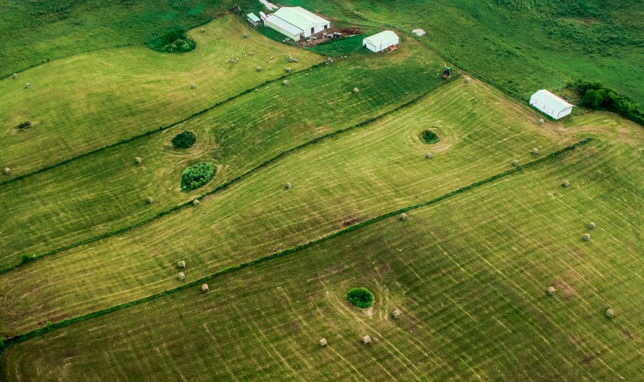 aerial view of grass field with house