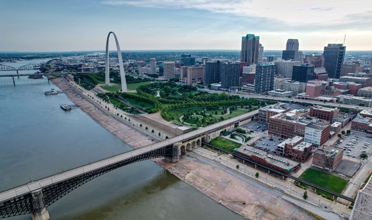 Aerial view of the Gateway Arch and St Louis MO