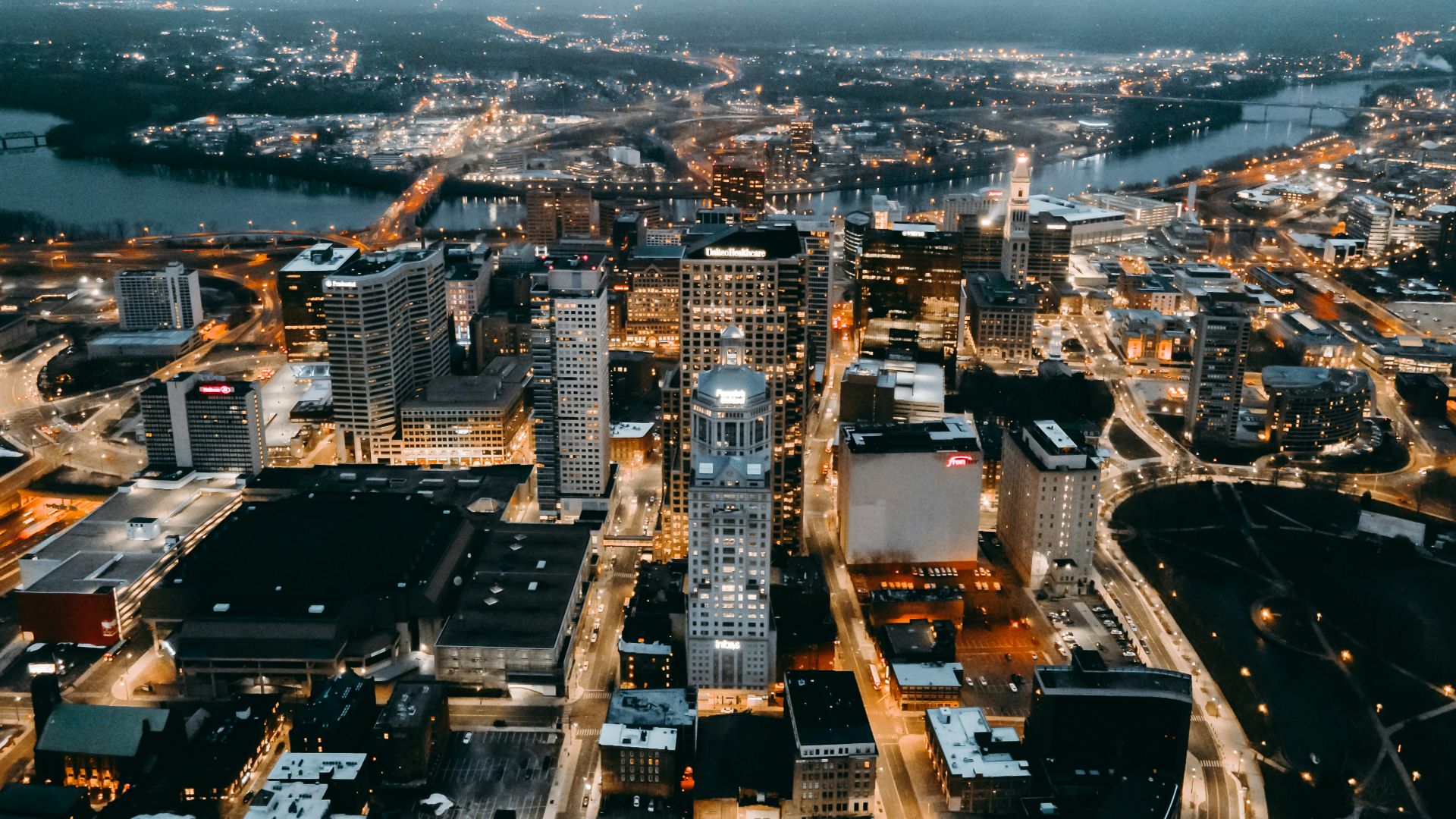 aerial view of city buildings during night time
