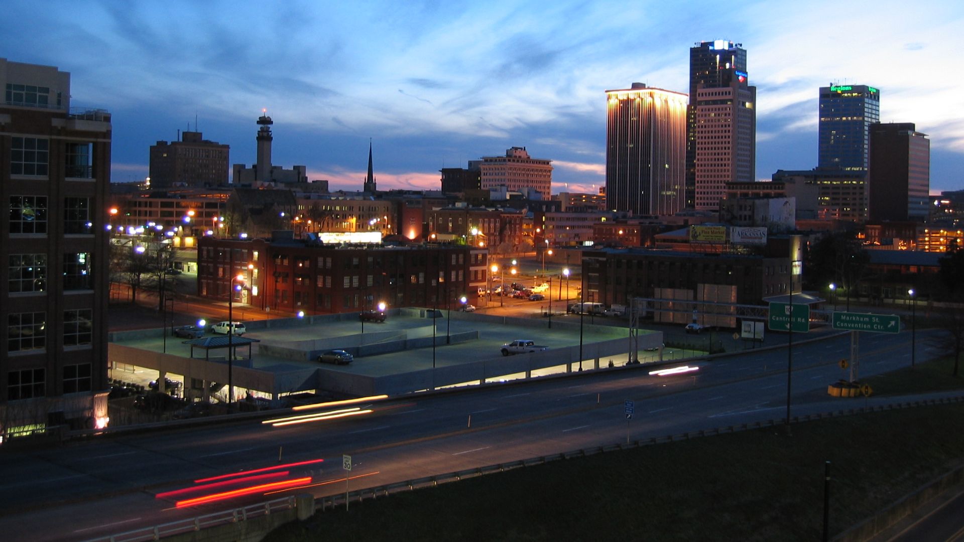 Skyline of Little Rock, Arkansas, photographed from the top of the River Market parking deck looking towards the southwest.