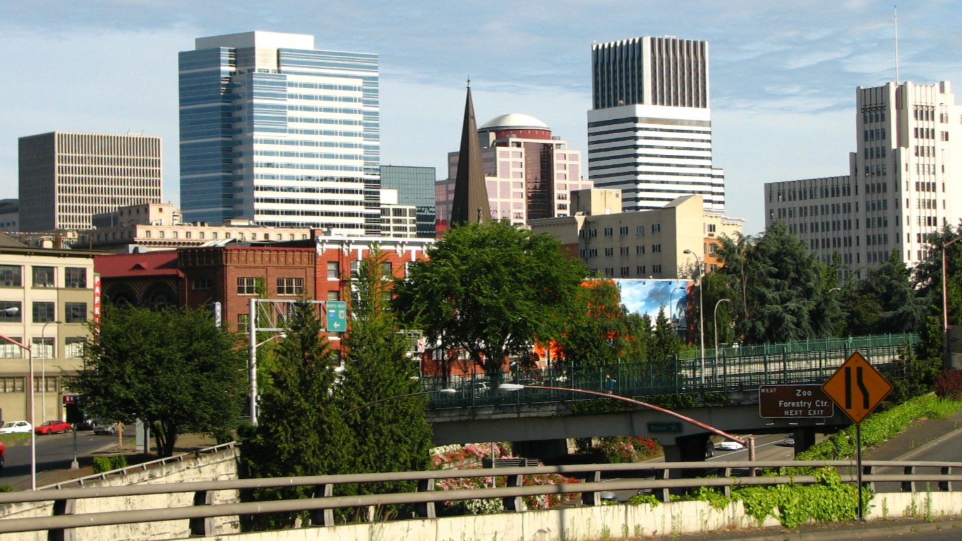 The skyline of downtown Portland, Oregon from the northwest. In the lower foreground is Interstate 405.
