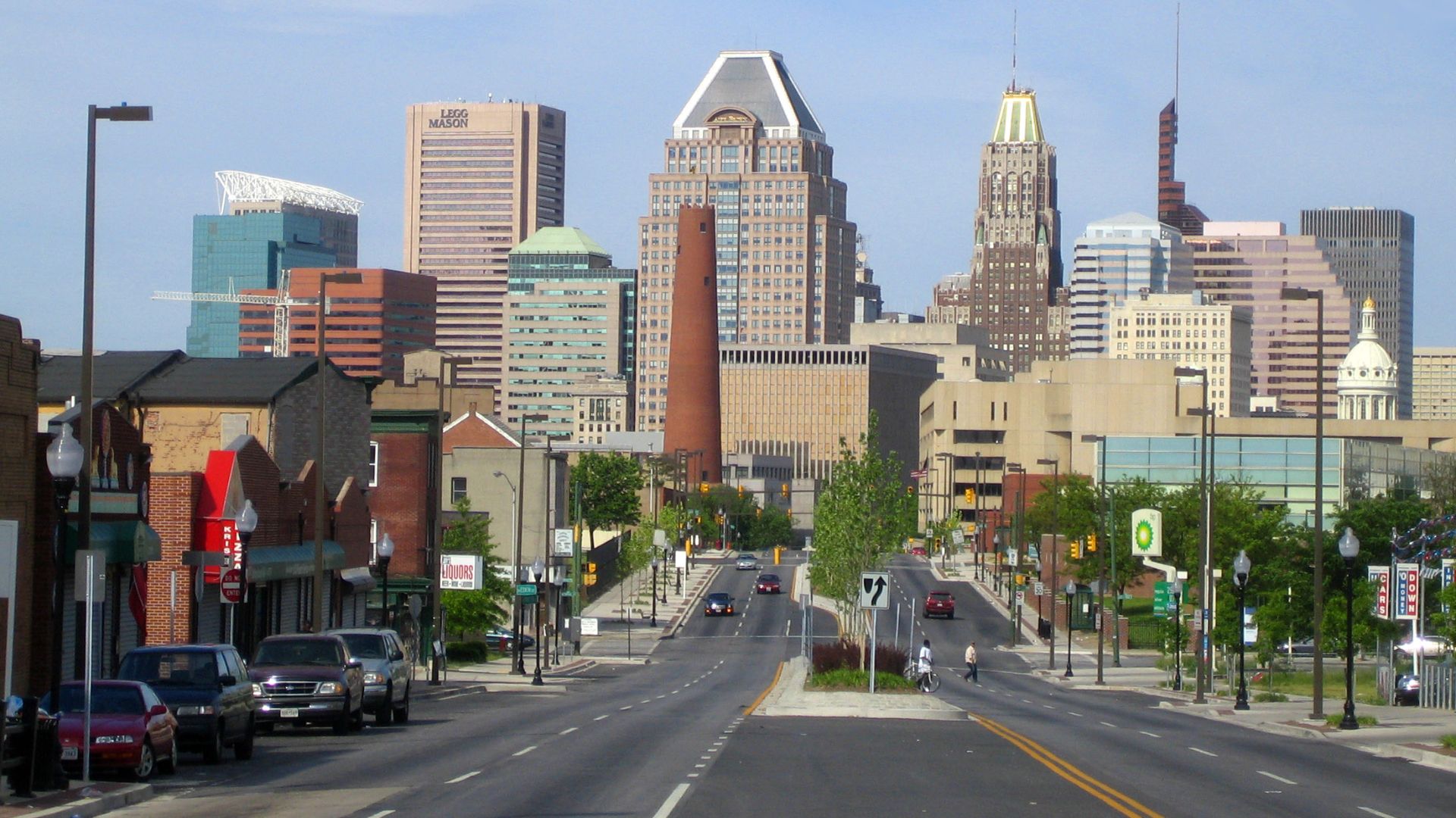 A view of Downtown Baltimore from the East, on Fayette St. The intersection in the distance is where Fayette St. crosses President St., which becomes the Jones Falls Expressway on the opposite side of the intersection.