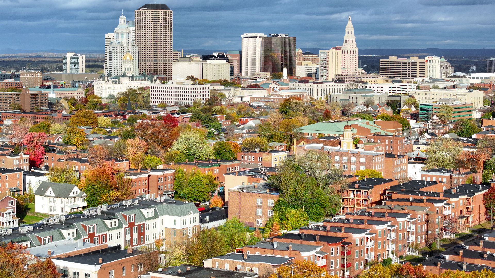 The skyline of Hartford, Connecticut's capital city with a population of 121,000. Taken on October 31, 2025