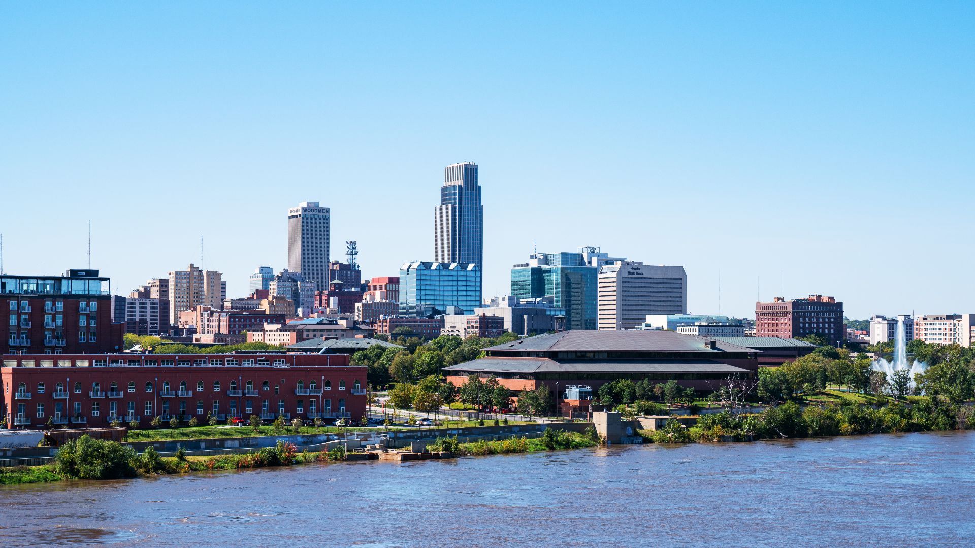The downtown skyline in Omaha, Nebraska, as seen from across the Missouri River in Council Bluffs, Iowa.

/sim