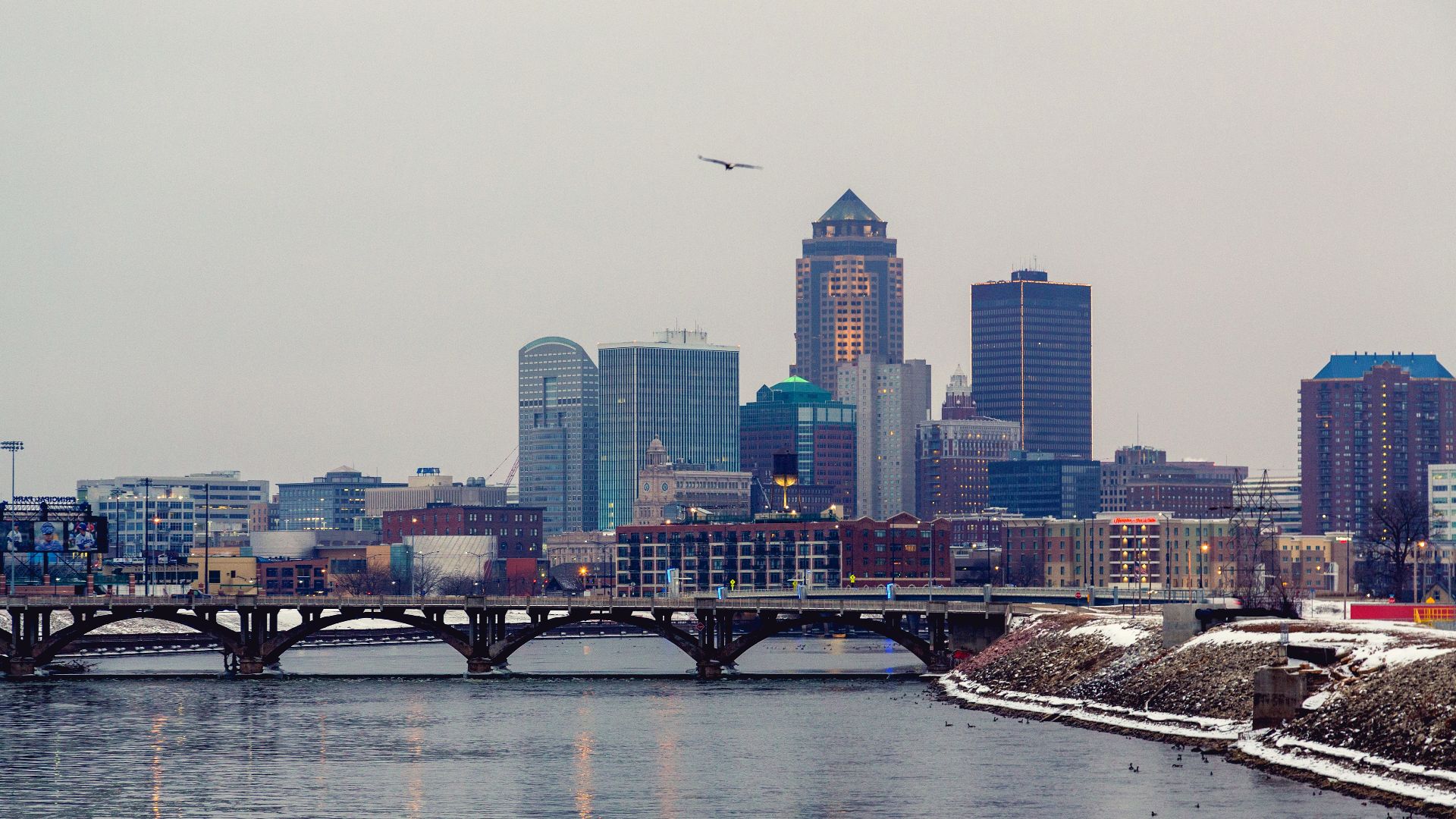 The Des Moines River leading to the Des Moines, Iowa skyline, as viewed from the SE 6th Street bridge.