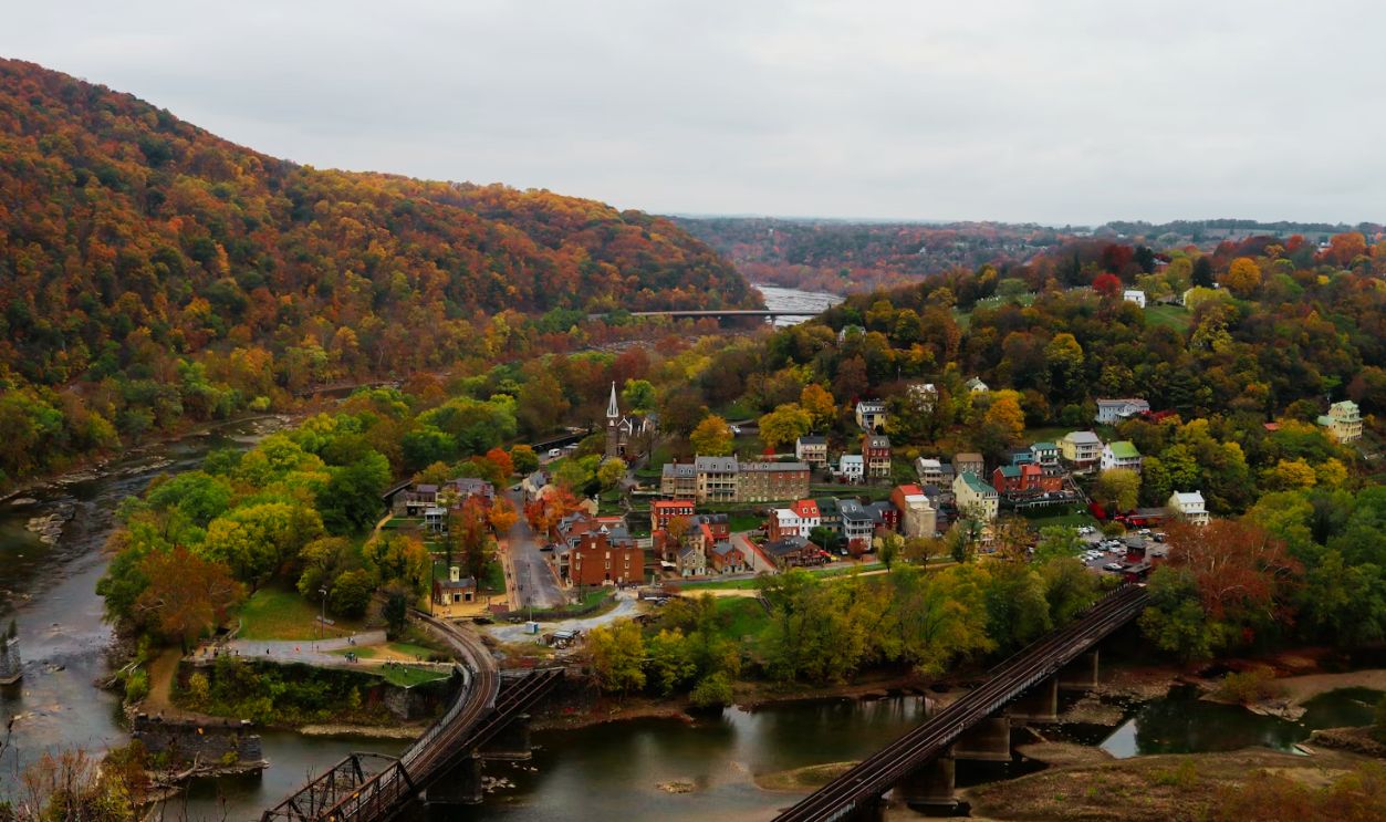 an aerial view of a town surrounded by trees