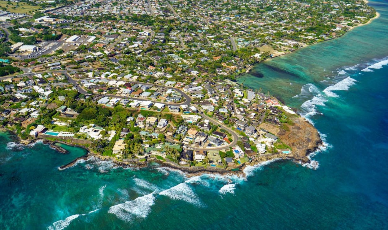 Aerial Shot of Sea, Harbor and City, Waikiki, Honolulu, Hawai, USA