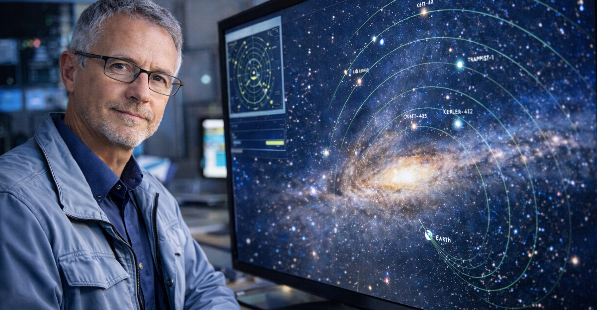 Scientist observing the galaxy map