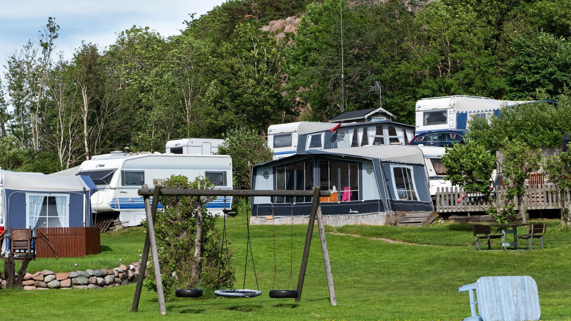 Caravans with tents in Govik Camping, Lysekil Municipality, Sweden.