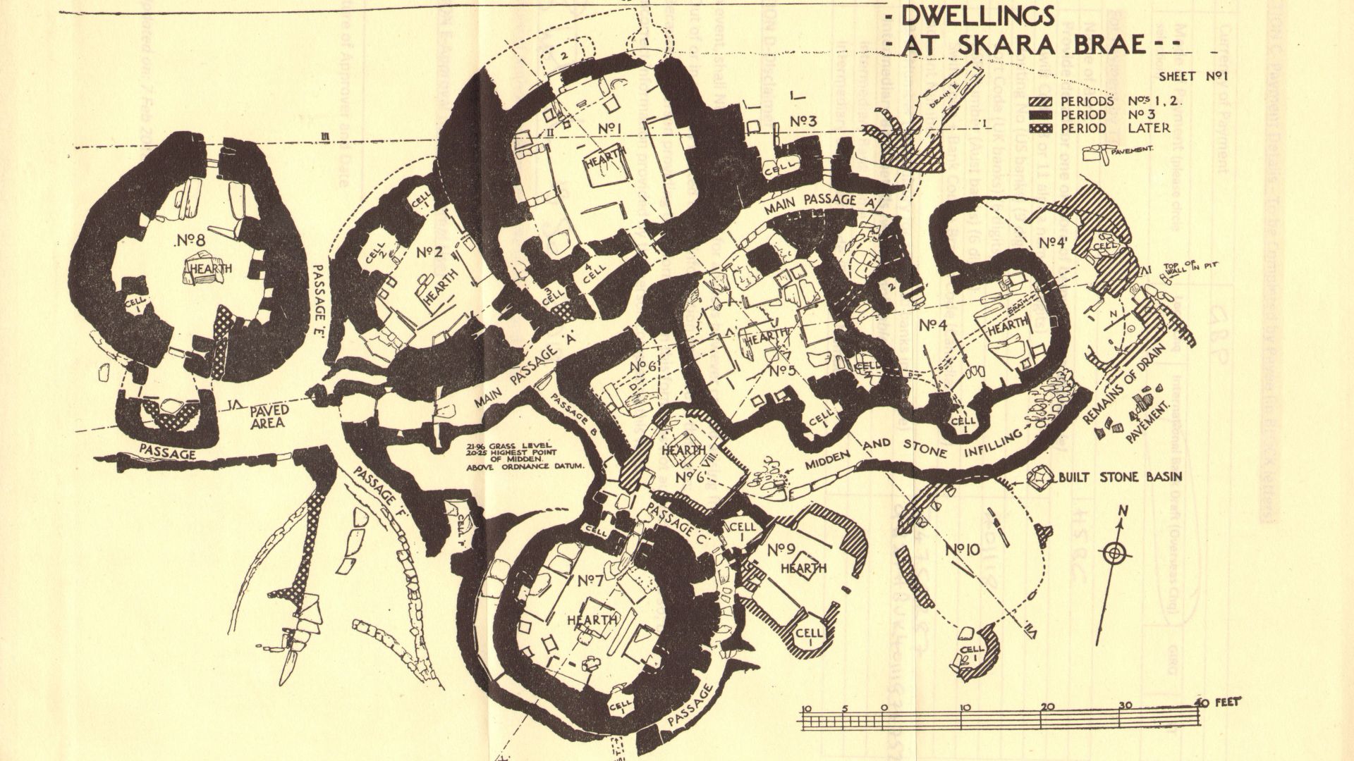 Skara Brae ground plan. From The official guide-book published by HMSO, Full text of the third edition (1950) available at the Internet Archive