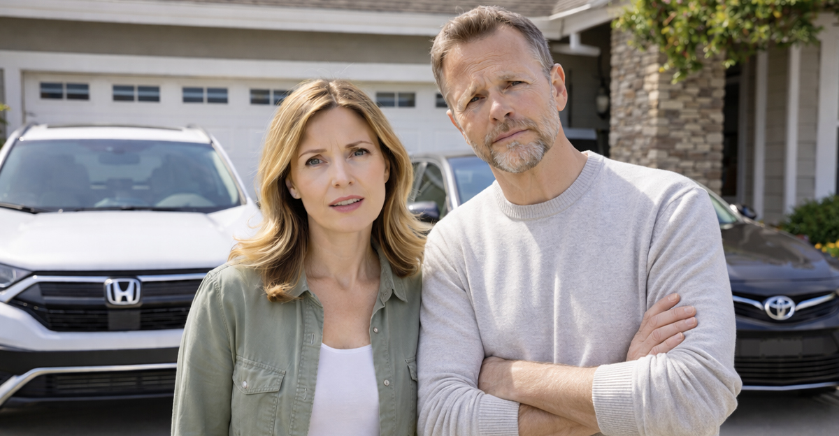 AI-generated image of homeowners upset about paying their HOA a fee to park a second car on their driveway.