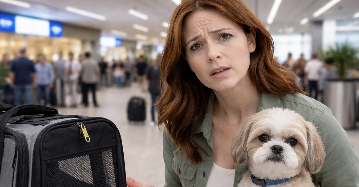 AI-generated image of a woman preparing to board a flight with her dog. 