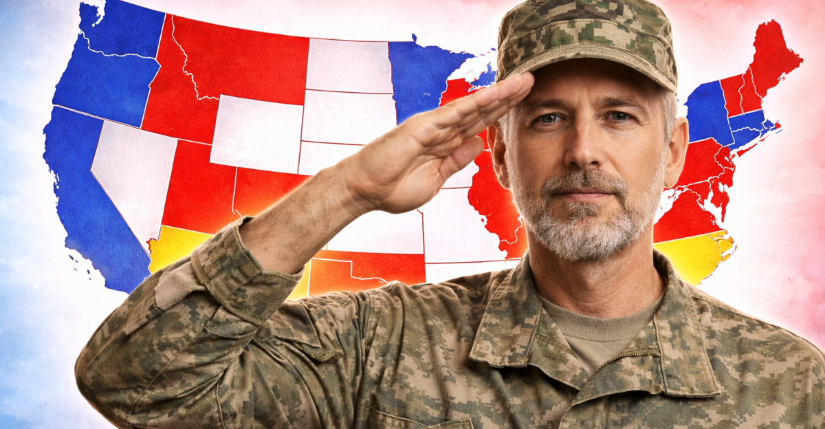 Military man saluting, USA map background