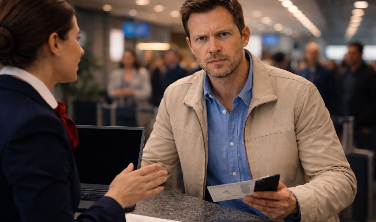 Frustrated man at airport check-in counter