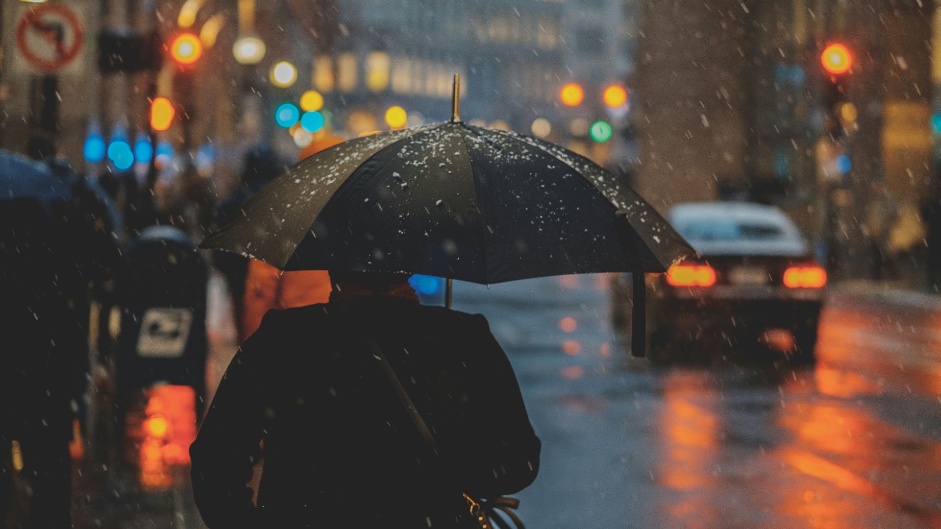 person walking on street and holding umbrella while raining with vehicle nearby