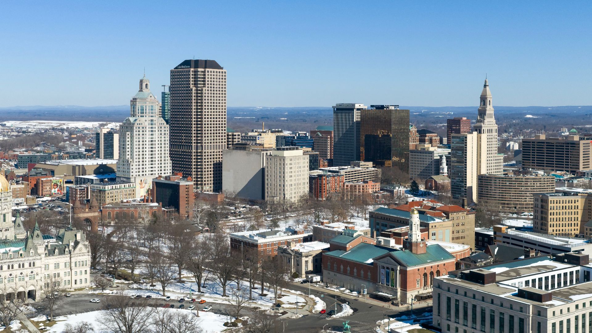 Aerial view of the skyline of Hartford, Connecticut's capital city.