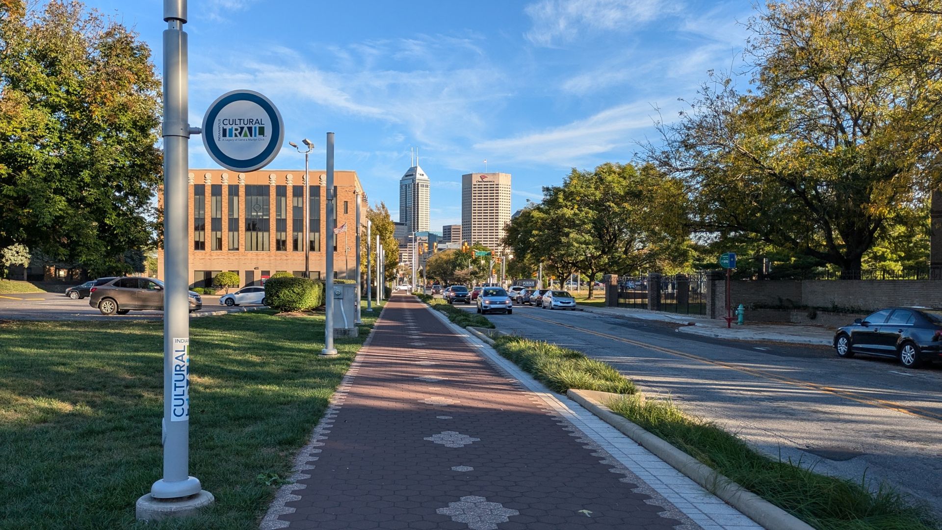 Culture trail along Indiana Avenue northwest of the center of Indianapolis, looking towards downtown, seen on an October afternoon.