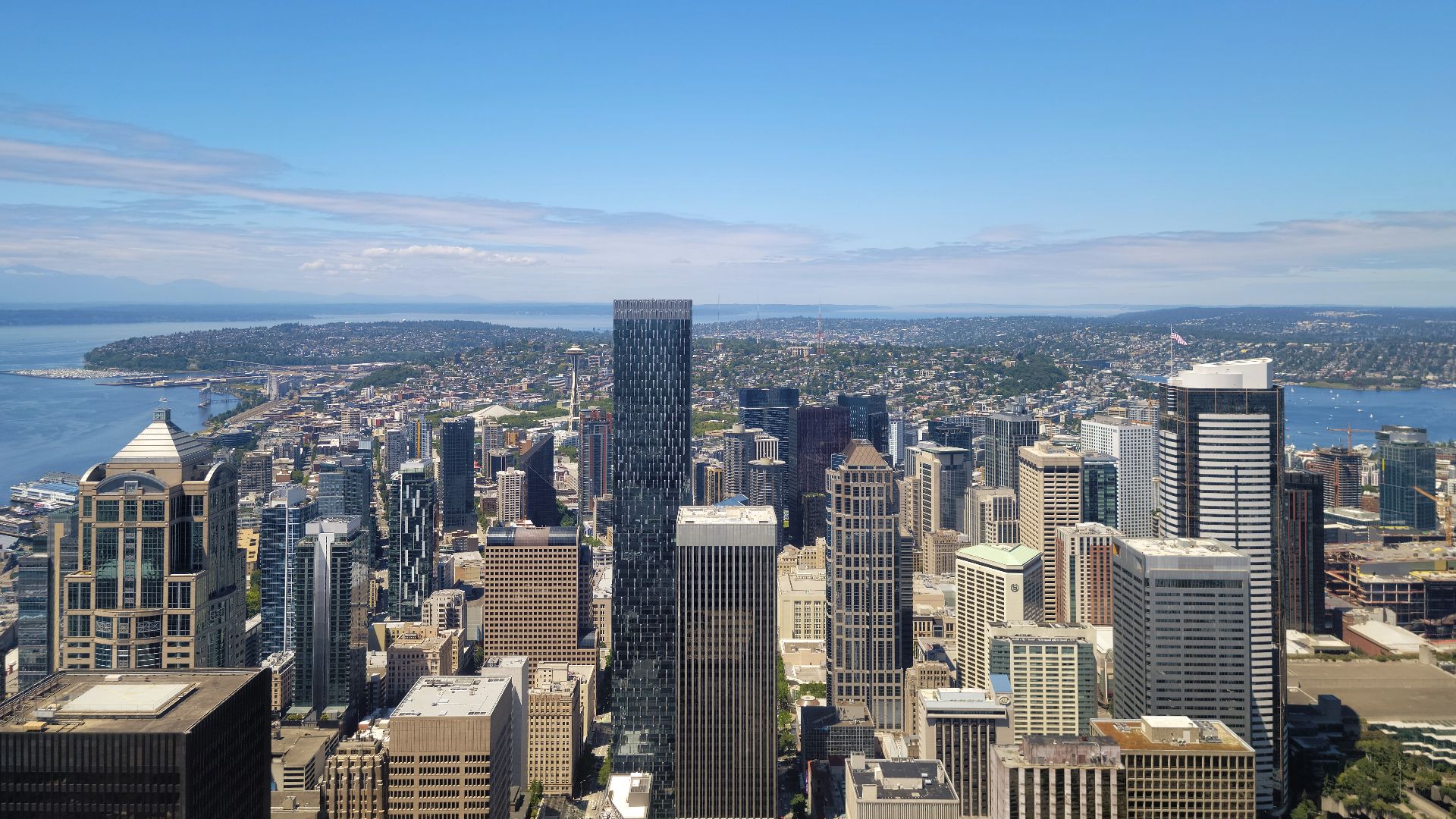 The skyline of the city of Seattle, Washington, U.S., as seen from Columbia Center's Sky View Observatory looking north.